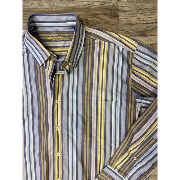 Alan Flusser Button Down Men's Size Large Striped Dress Shirt Blue Yellow - Picture 5 of 9